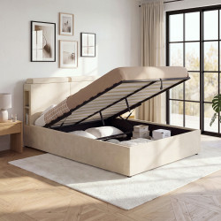 Doppelbett mit Stauraum „BASTIAN“ mit verstellbaren Kopfstützen und Lattenrost 140 x 190 cm, beige Samt