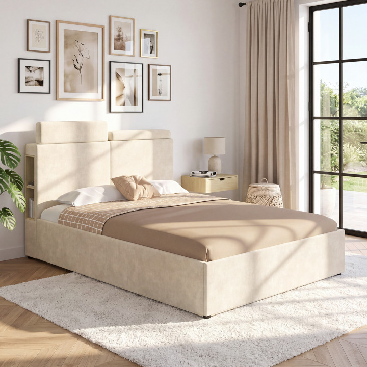 Doppelbett mit Stauraum „BASTIAN“ mit verstellbaren Kopfstützen und Lattenrost 140 x 190 cm, beige Samt