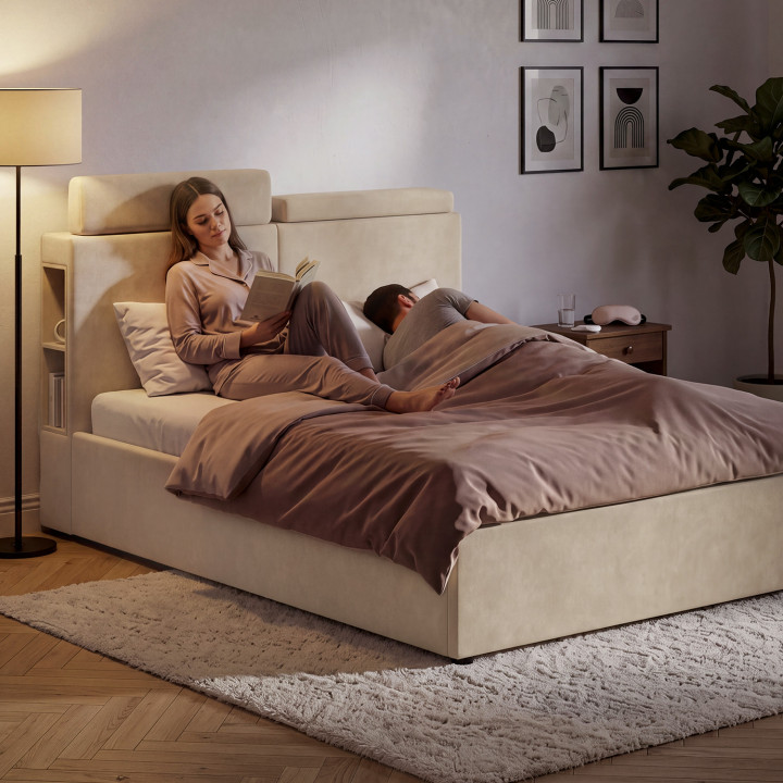 Cama doble con cajones BASTIAN, con espacio de almacenamiento, cabecero con reposacabezas ajustables y somier de 140 x 190 cm en