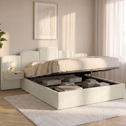 CLOUD tweepersoonsbed met opbergruimte, gewatteerd hoofdeinde + ingebouwde nachtkastjes en lattenbodem 160 x 200 cm, beige fluwe