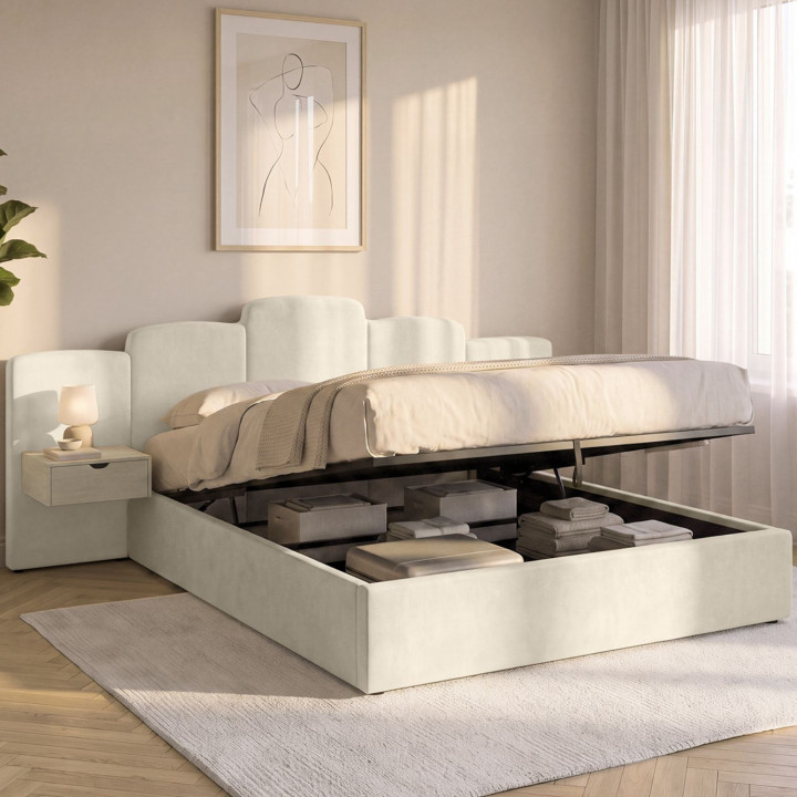 Cama doble con cajones CLOUD, con cabecero acolchado + mesitas de noche integradas y somier de 160 x 200 cm en terciopelo beige