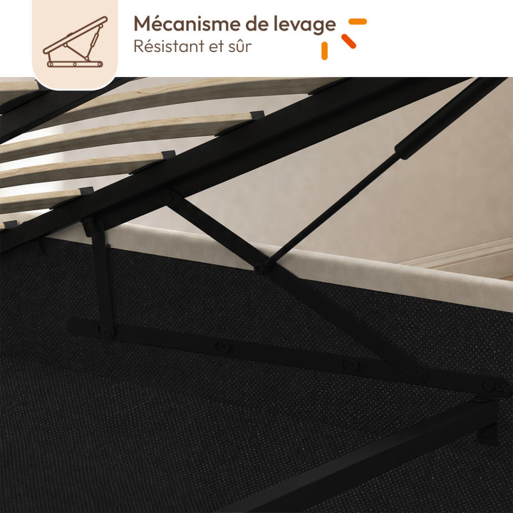 Lit coffre double CLOUD avec tête de lit matelassée + tables de chevet intégrées et sommier 160 x 200 cm velours beige