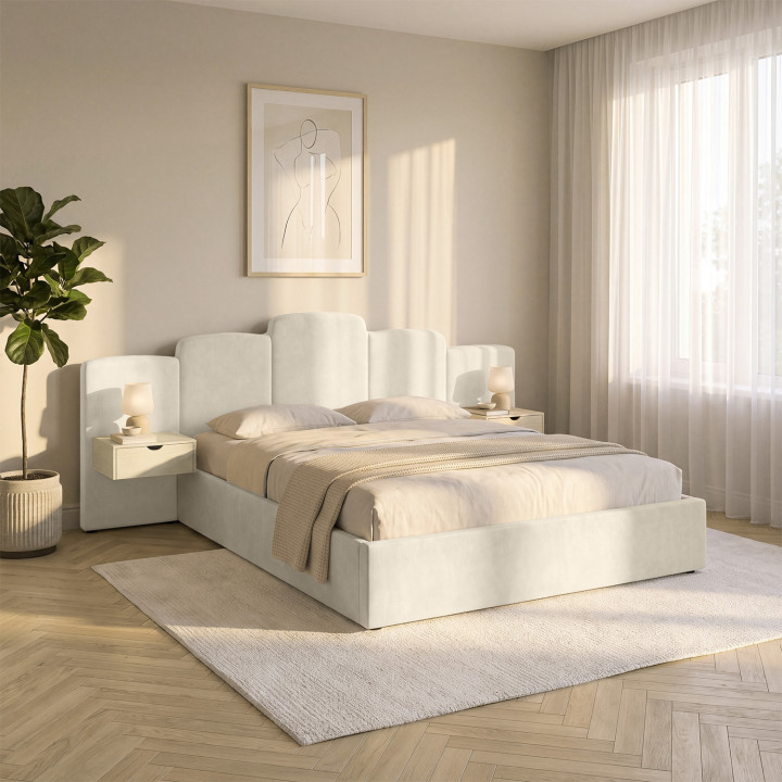 Doppelbett CLOUD mit Stauraum, gepolstertem Kopfteil + integrierten Nachttischen und Lattenrost 160 x 200 cm, beige Samt