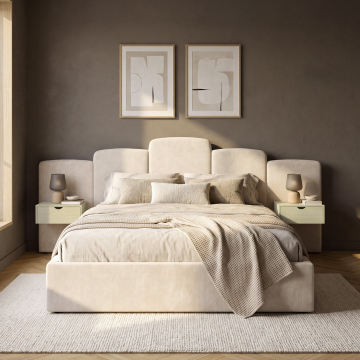 Cama doble con cajones CLOUD, con cabecero acolchado + mesitas de noche integradas y somier de 160 x 200 cm en terciopelo beige
