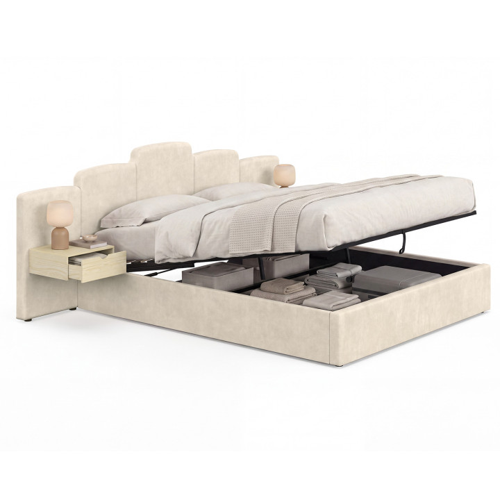 Cama doble con cajones CLOUD, con cabecero acolchado + mesitas de noche integradas y somier de 160 x 200 cm en terciopelo beige