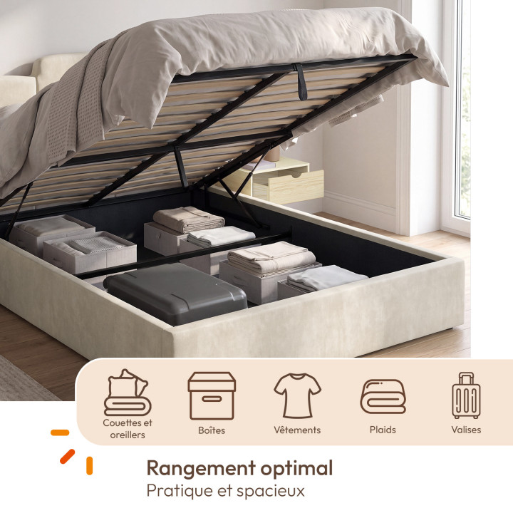 Lit coffre double CLOUD avec tête de lit matelassée + tables de chevet intégrées et sommier 160 x 200 cm velours beige