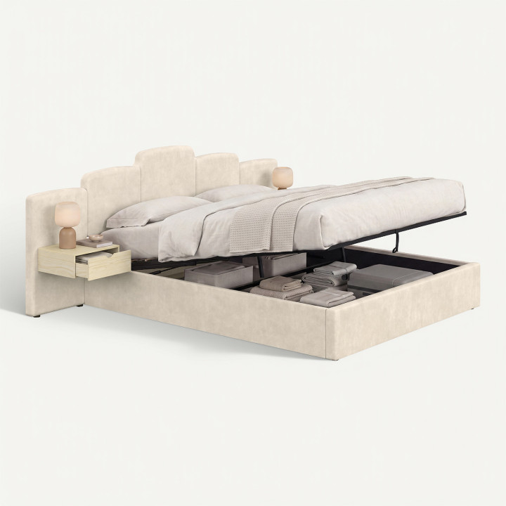 Doppelbett CLOUD mit Stauraum, gepolstertem Kopfteil + integrierten Nachttischen und Lattenrost 160 x 200 cm, beige Samt