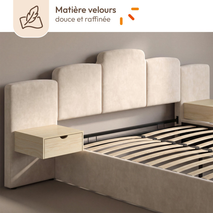 Doppelbett CLOUD mit Stauraum, gepolstertem Kopfteil + integrierten Nachttischen und Lattenrost 160 x 200 cm, beige Samt