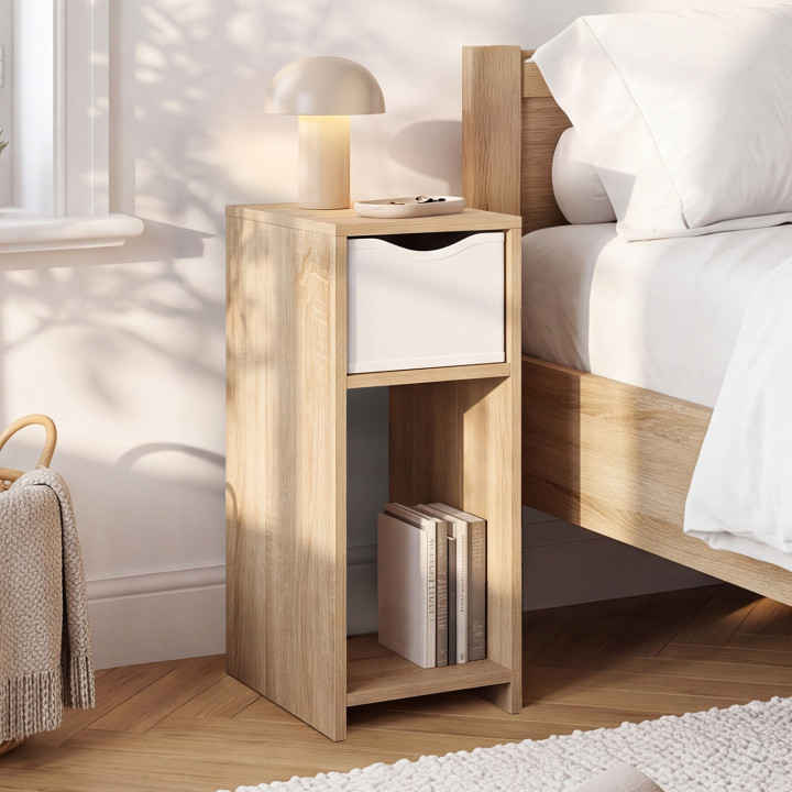 Lot de 2 tables de chevet étroites ANOUK 1 tiroir avec niche bois façon hêtre et blanc