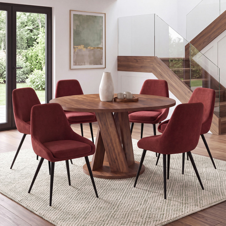 Set van 6 THALYA-stoelen in bordeauxrood fluweel met armleuningen