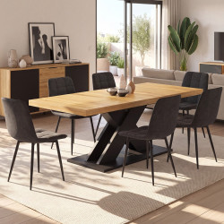 ALICIA 6-10 persoons houten en zwarte rechthoekige uitschuifbare eettafel set met 6 zwart fluwelen MILA stoelen
