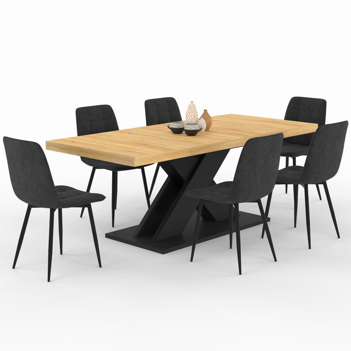 Tavolo da pranzo rettangolare allungabile ALICIA 6-10 persone in legno e nero con 6 sedie MILA in velluto nero