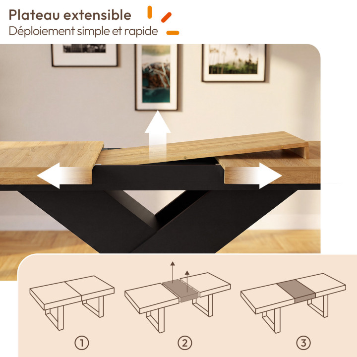 Conjunto de mesa de comedor extensible rectangular ALICIA para 6-10 personas en madera y negro con 6 sillas MILA de terciopelo n