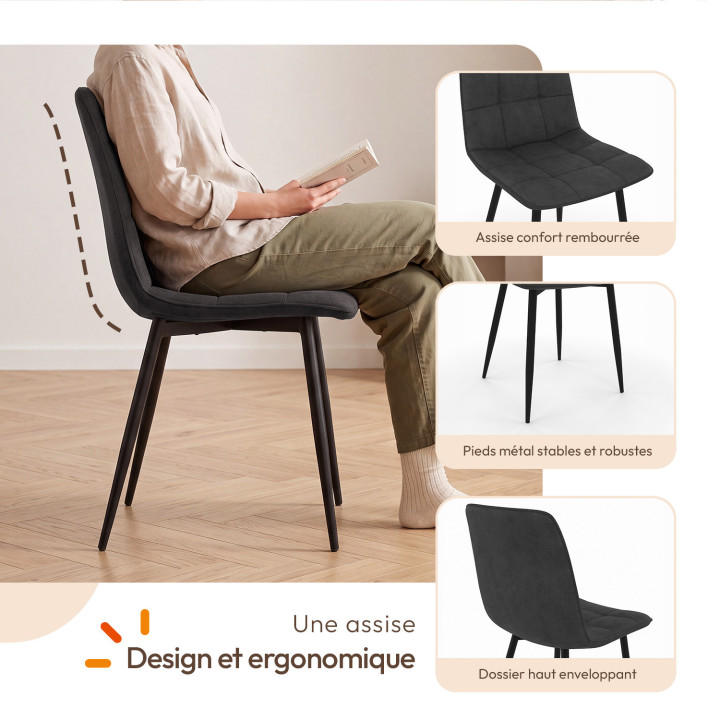 Ensemble table à manger extensible rectangle ALICIA 6-10 personnes bois et noir et 6 chaises MILA en velours noir