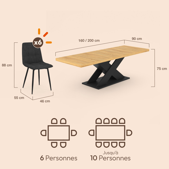Conjunto de mesa de comedor extensible rectangular ALICIA para 6-10 personas en madera y negro con 6 sillas MILA de terciopelo n