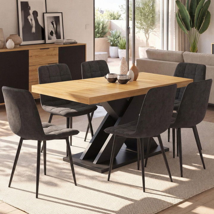 ALICIA 6-10 persoons houten en zwarte rechthoekige uitschuifbare eettafel set met 6 zwart fluwelen MILA stoelen