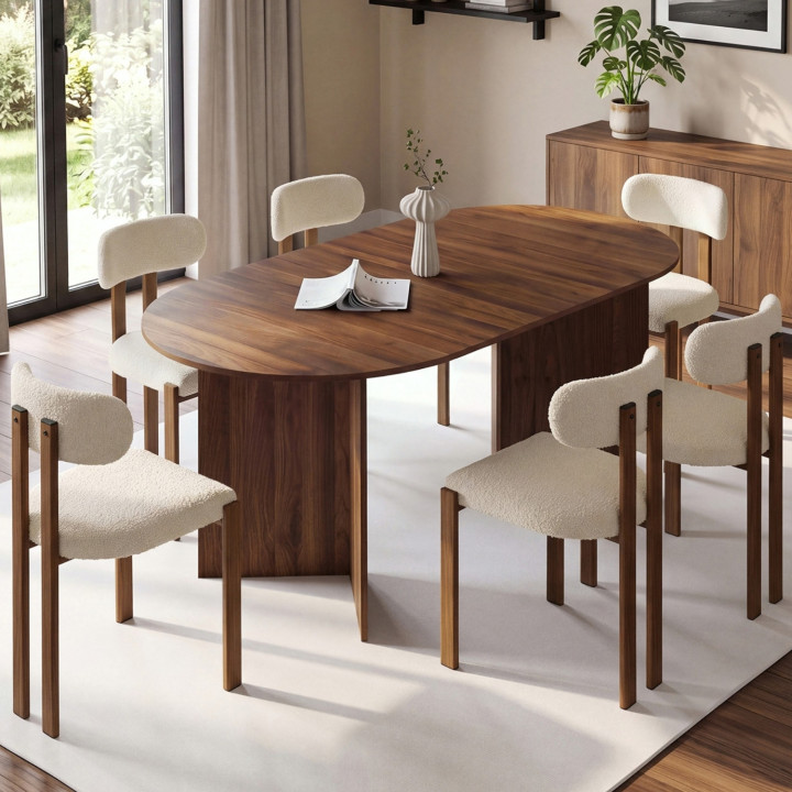 Ensemble table à manger extensible ovale MARTHE noyer 160-200 cm et 6 chaises ESMA bois effet noyer et bouclette