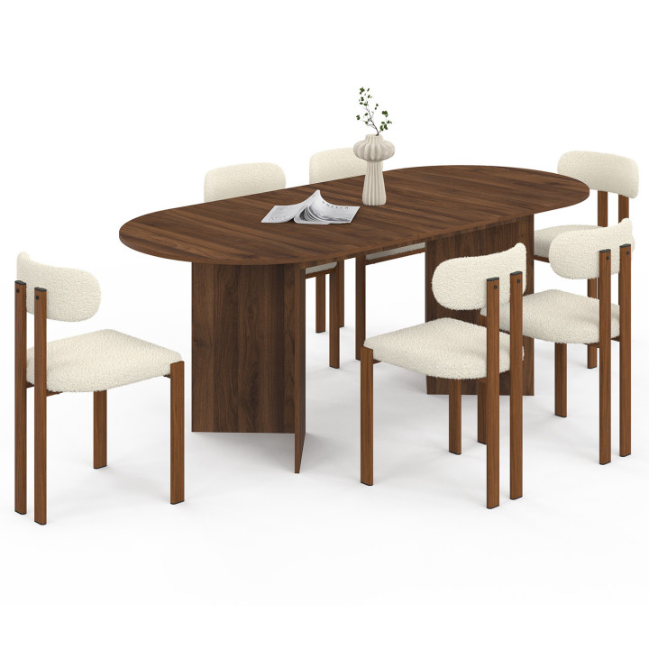 Ensemble table à manger extensible ovale MARTHE noyer 160-200 cm et 6 chaises ESMA bois effet noyer et bouclette