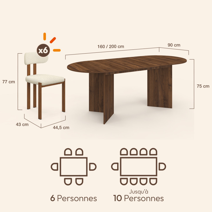 Set ausziehbarer ovaler Esstisch MARTHE Nussbaum 160-200 cm und 6 Stühle ESMA Holz Effekt Nussbaum und Bouclé