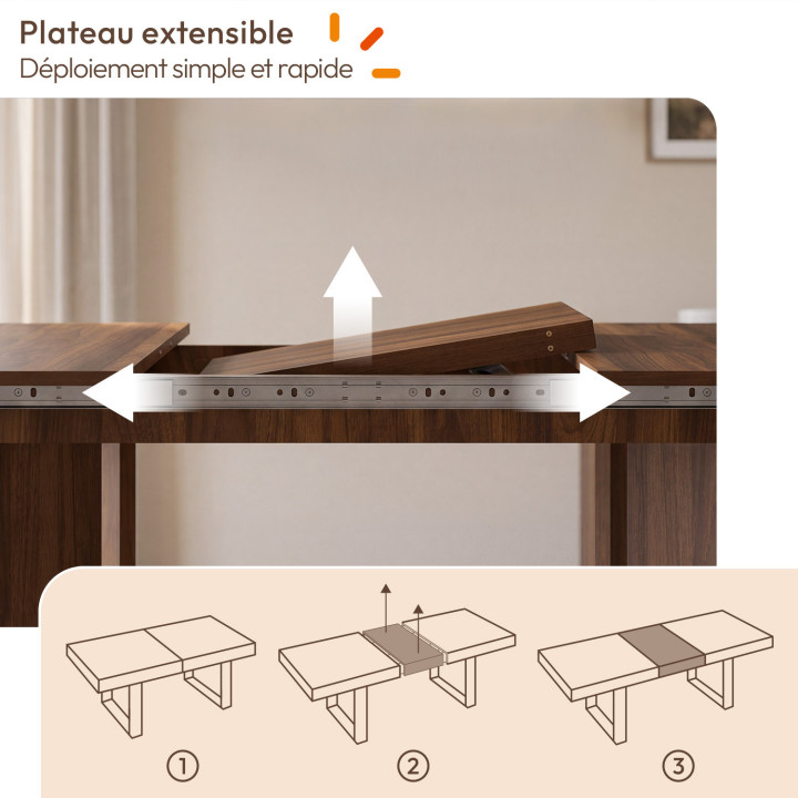 MARTHE ovale uitschuifbare eettafel 160-200 cm in walnoot en 6 stoelen ESMA in walnoot met bouclette-effect