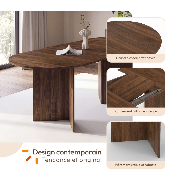 MARTHE mesa de comedor extensible oval nogal 160-200 cm y juego de 6 sillas ESMA de madera efecto nogal y bouclette