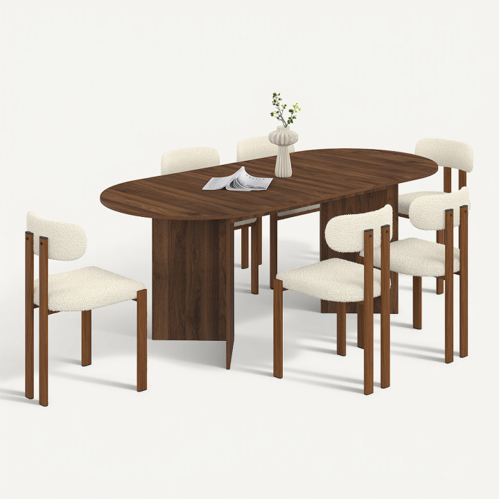 MARTHE ovale uitschuifbare eettafel 160-200 cm in walnoot en 6 stoelen ESMA in walnoot met bouclette-effect