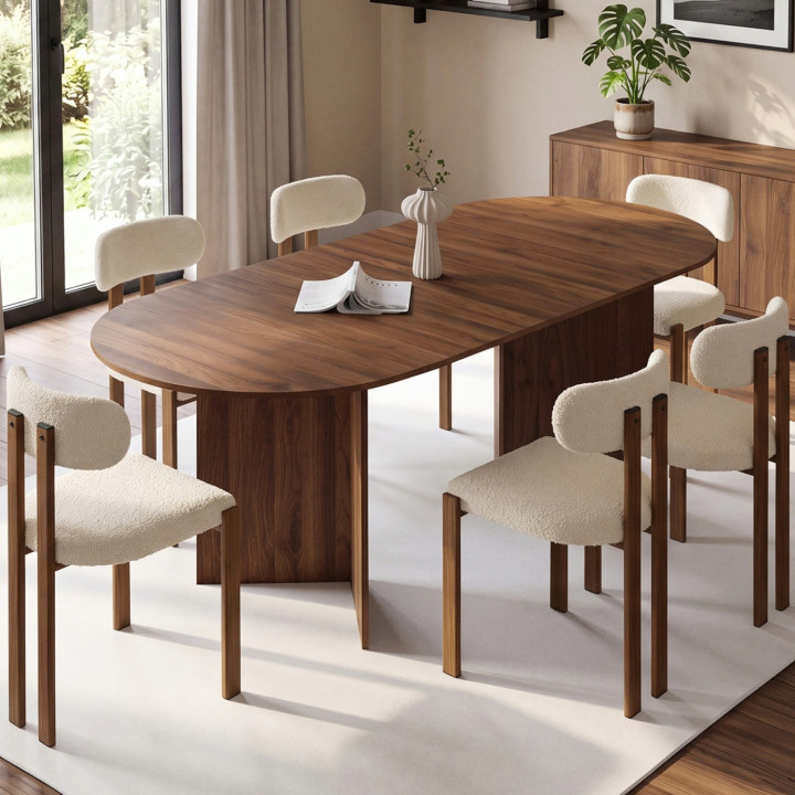 MARTHE ovale uitschuifbare eettafel 160-200 cm in walnoot en 6 stoelen ESMA in walnoot met bouclette-effect