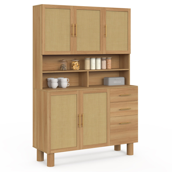 Mueble de cocina con armarios para ollas de 120 cm DENISE, 5 puertas + 3 cajones, acabado natural tipo mimbre