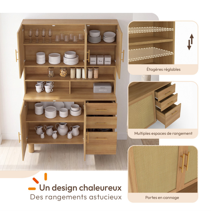 Credenza da cucina con ripiani per pentole da 120 cm DENISE, 5 ante + 3 cassetti, effetto intrecciato naturale