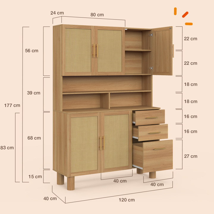 Buffet casserolier de cuisine 120 cm DENISE 5 portes + 3 tiroirs effet naturel cannage