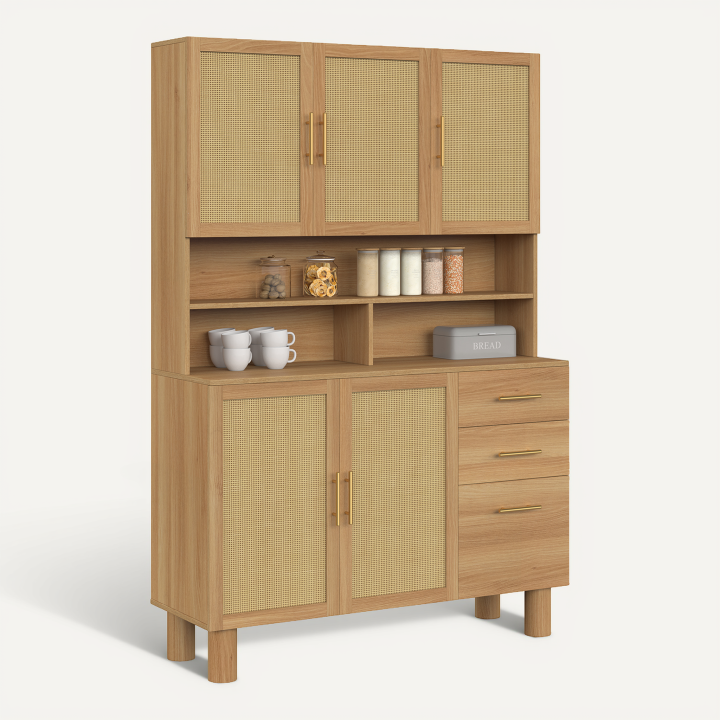 Credenza da cucina con ripiani per pentole da 120 cm DENISE, 5 ante + 3 cassetti, effetto intrecciato naturale