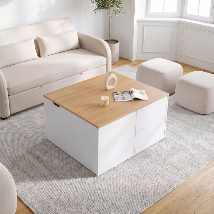 CALIA Couchtisch mit hochklappbarer quadratischer Platte (80 cm), 2 Staufächern und 2 Schubladen, in Weiß und Holzoptik