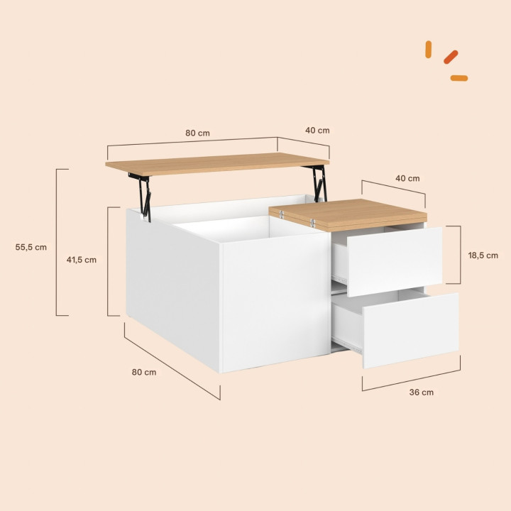 CALIA Couchtisch mit hochklappbarer quadratischer Platte (80 cm), 2 Staufächern und 2 Schubladen, in Weiß und Holzoptik