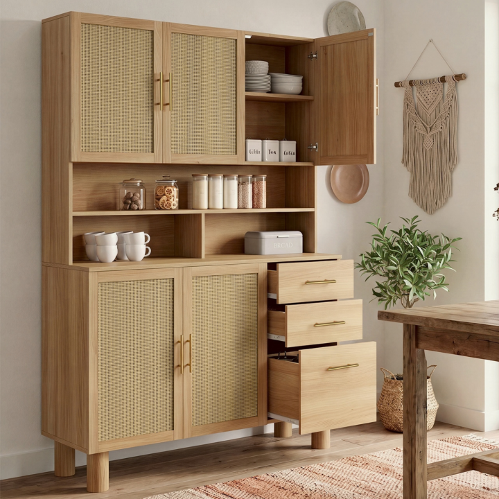 Credenza da cucina con ripiani per pentole da 120 cm DENISE, 5 ante + 3 cassetti, effetto intrecciato naturale