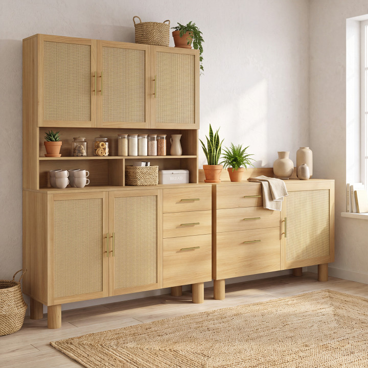 Credenza da cucina con ripiani per pentole da 120 cm DENISE, 5 ante + 3 cassetti, effetto intrecciato naturale