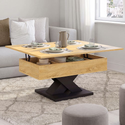 Tavolino rettangolare con piano ribaltabile, trasformabile in tavolo da pranzo ALICIA 90 cm, in legno con base nera