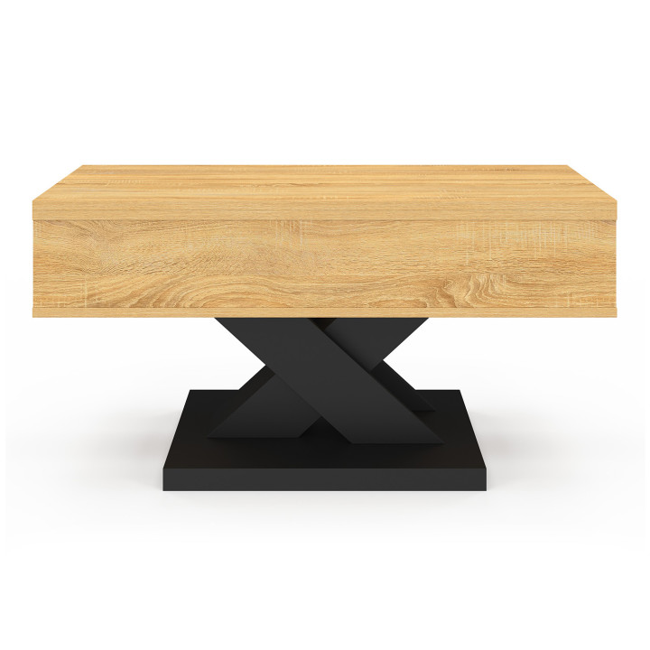 Rechteckiger Couchtisch mit hochklappbarer Platte, umwandelbar in einen Esstisch ALICIA 90 cm, aus Holz mit schwarzem Fuß