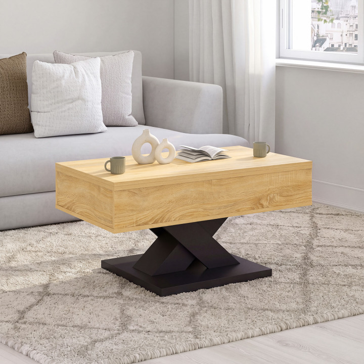 Rechthoekige salontafel met opklapbaar blad, om te vormen tot eettafel ALICIA 90 cm, van hout met zwarte poot