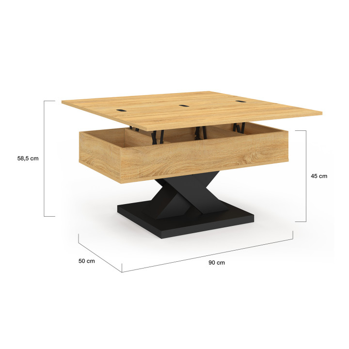 Table basse rectangulaire plateau relevable convertible en table à manger ALICIA 90 cm bois et pied noir