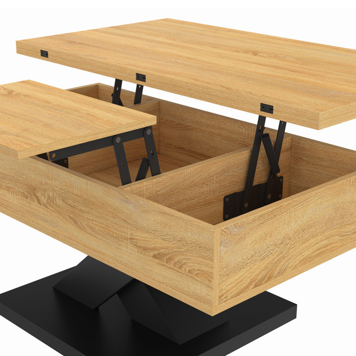 Rechteckiger Couchtisch mit hochklappbarer Platte, umwandelbar in einen Esstisch ALICIA 90 cm, aus Holz mit schwarzem Fuß