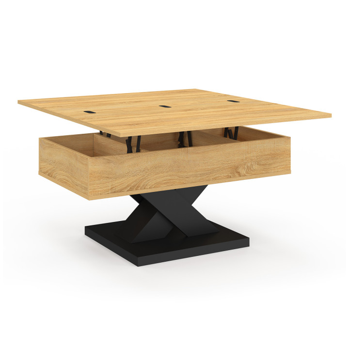 Mesa de centro rectangular con tablero elevable, convertible en mesa de comedor ALICIA de 90 cm, de madera y con patas negras