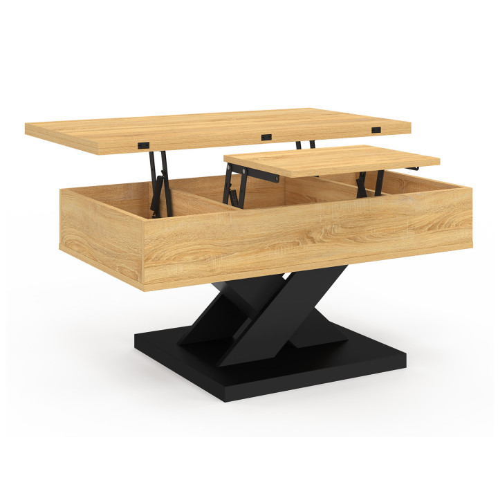 Rechthoekige salontafel met opklapbaar blad, om te vormen tot eettafel ALICIA 90 cm, van hout met zwarte poot