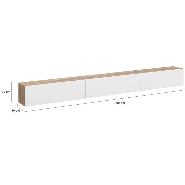 Meuble TV 300 cm suspendu ELIO 3 portes bois et blanc
