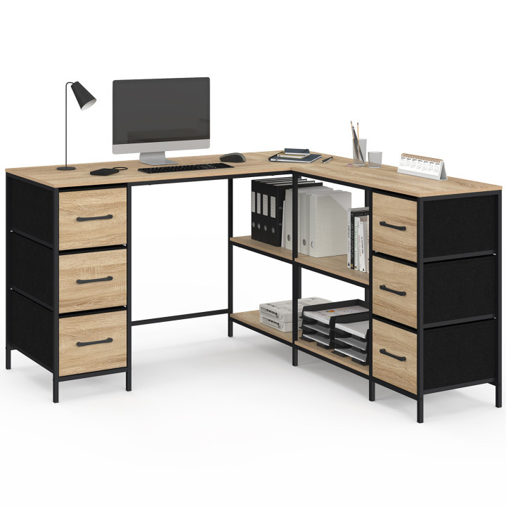 Bureau d’angle 6 tiroirs en tissu et niches UTAH bois et noir design industriel