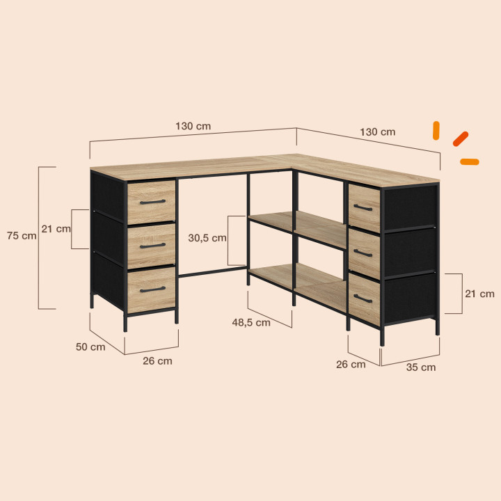 L-förmiger Eckschreibtisch UTAH mit 6 Schubladen aus Stoff und 4 Regalböden aus Holz und in Schwarz im Industrial-Design