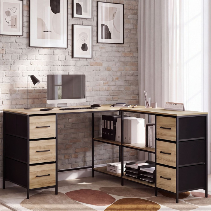 L-förmiger Eckschreibtisch UTAH mit 6 Schubladen aus Stoff und 4 Regalböden aus Holz und in Schwarz im Industrial-Design