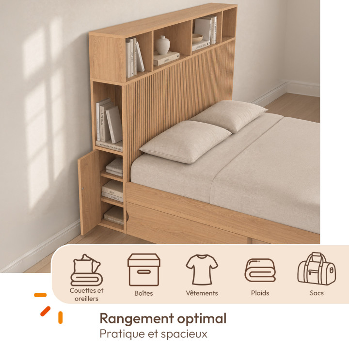 Cama doble JULIETTE con espacio de almacenamiento + cabecero y somier de 140 x 190 cm con efecto de listones de madera