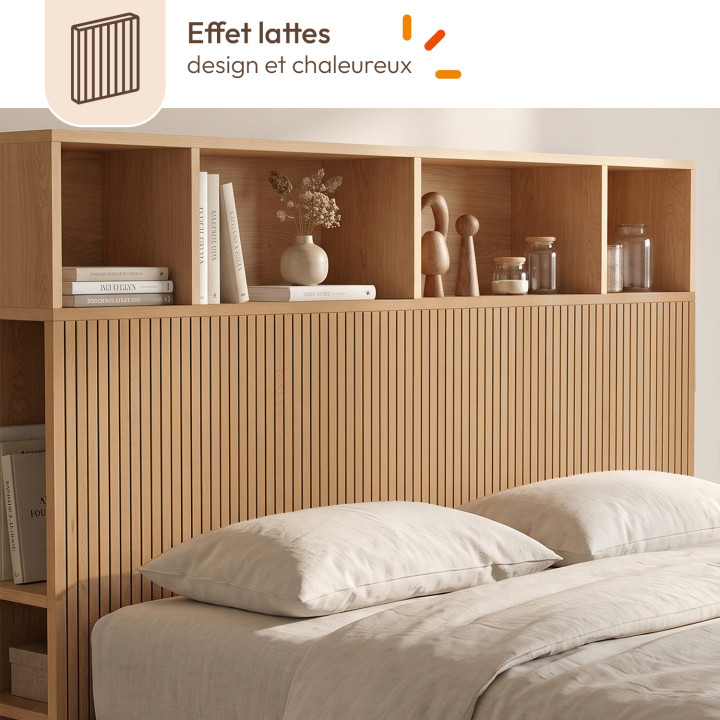 Letto matrimoniale JULIETTE con contenitori + testiera e rete da 140 x 190 cm con effetto doghe in legno