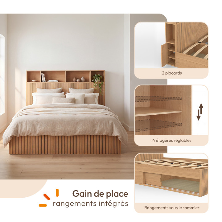 Letto matrimoniale JULIETTE con contenitori + testiera e rete da 140 x 190 cm con effetto doghe in legno