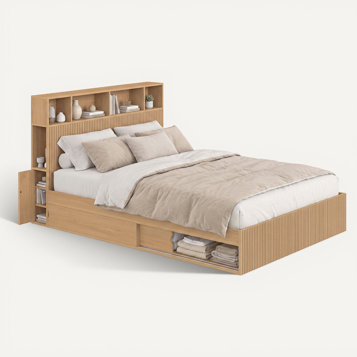 Tweepersoonsbed JULIETTE met opbergruimte + hoofdeinde en lattenbodem 140 x 190 cm, met houten latten-effect